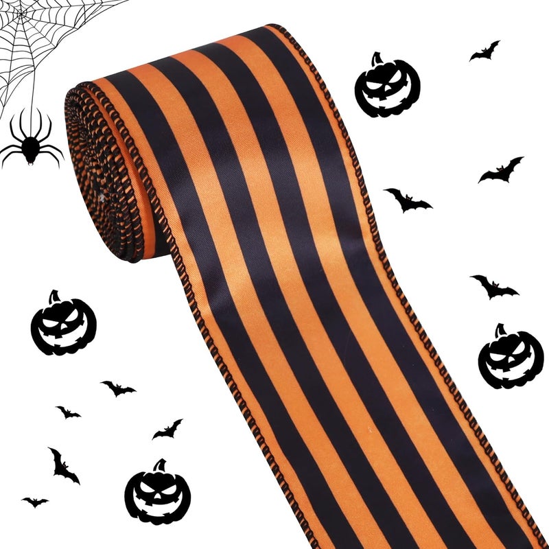 TONIFUL 2.5 Inch x 5 Yards Satin Wired Ribbon, Orange and Black Stripe Halloween Ribbon for Gift Wrapping, Crafts, Bows Making, Gift Baskets, Front Door Wreath Decor Christmas Party Decoration - Image 1